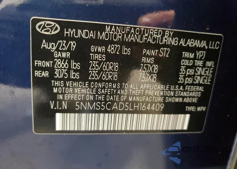 2020 Hyundai Santa Fe Limited z USA, uszkodzony, nr VIN 5NMS5CAD5LH164409